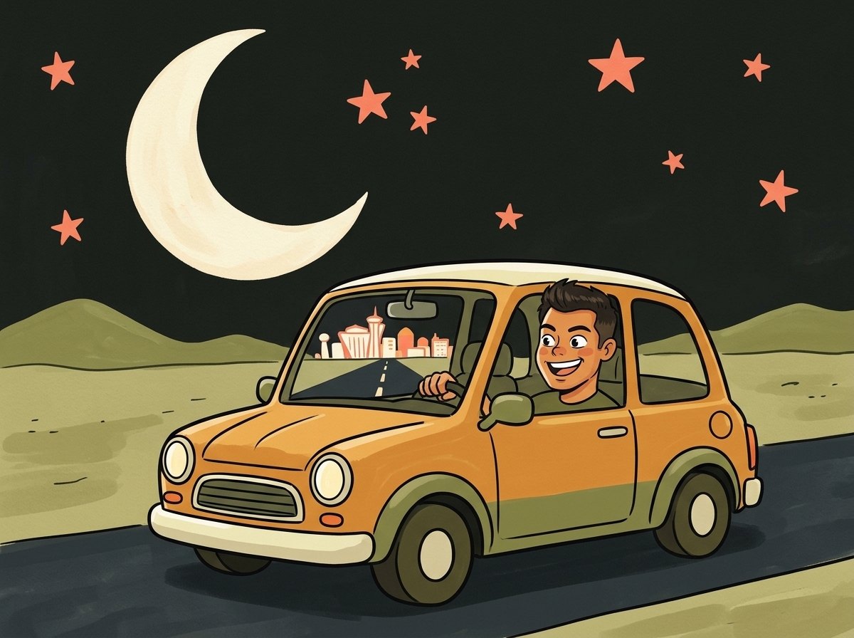 David driving through the desert at midnight, Vegas in the mirror