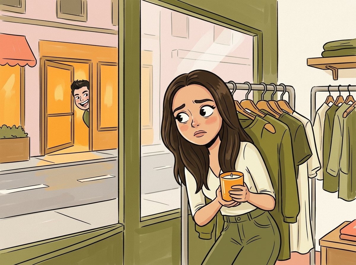 Carlie hiding in a clothing shop, watching the restaurant across the street
