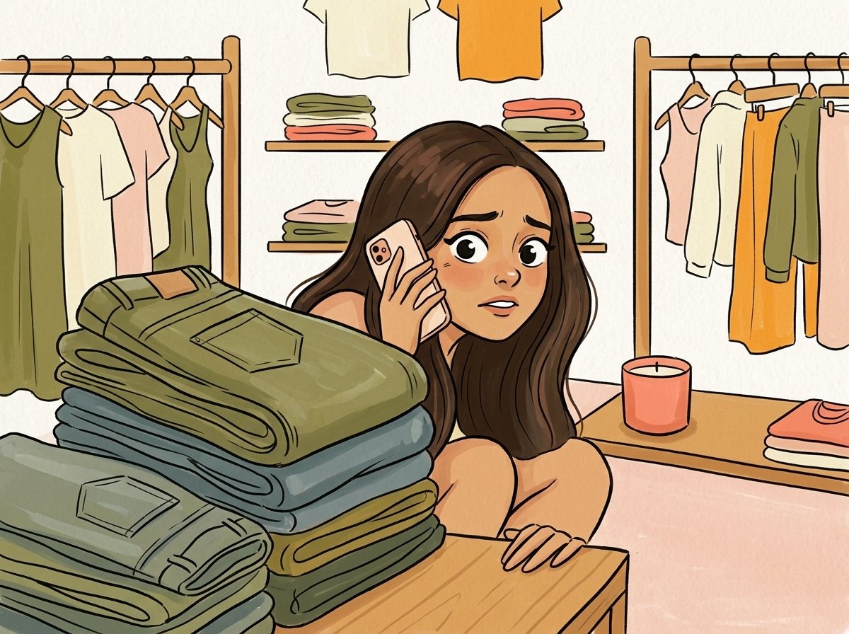 Carlie on the phone to her brother from behind a stack of jeans