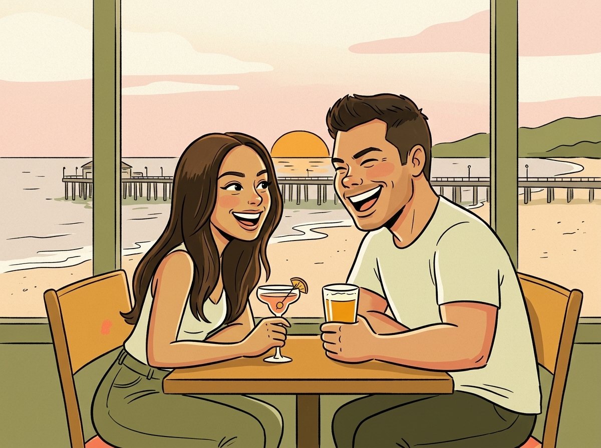 Dinner by the window, plates cleared, both still laughing